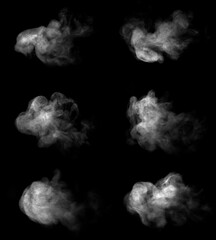 Abstract white smoke or vapor illustration showing the characteristics and density of various types of white vapor or smoke. Smoke effect isolated from a black background. 