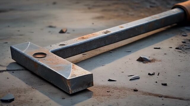 Close-up of a large metal tool resting on a textured, concrete surface