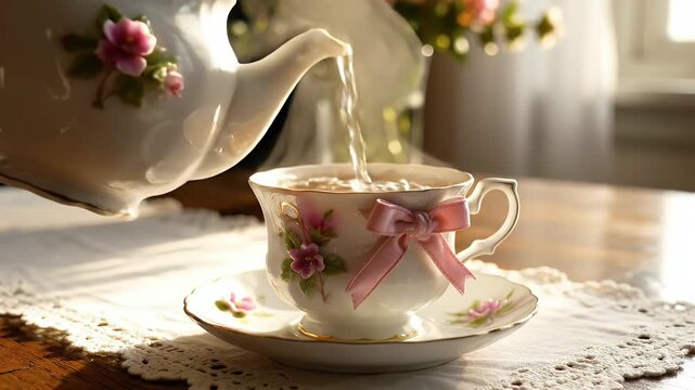 Sunlit Floral Teacup and Teapot Still Life on Lace Doily in a Garden Setting