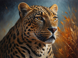 Obraz premium Elegant mixed media painting of a majestic leopard portrait, featuring dramatic lighting and rich detail