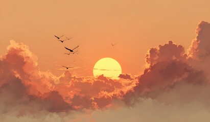 Obraz premium Sunset over clouds with silhouetted birds flying in the sky, warm orange and pink hues illuminating the scene during twilight hours