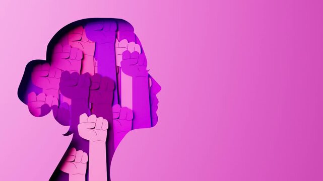 Women's Day looping video with woman silhouette and rising fists inside in paper cut and copy space, 3D animation. Concept of independence, empowerment, activism for women rights