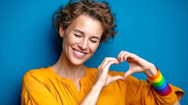 Faceless joyful woman with rainbow heart hands expressing love and inclusivity, celebrating pride and diversity with bright smile, with copy space