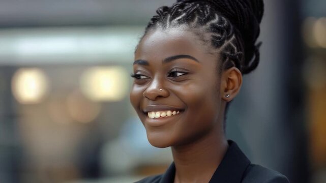 A smiling woman wearing a black shirt and blazer, no background information