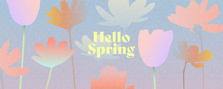Beautiful Hello Spring card, banner, background with spring flowers daisies, tulips, wildflowers with soft, blurred outlines and gradients in pastel shades. The style is dreamy, soft, and artistic.