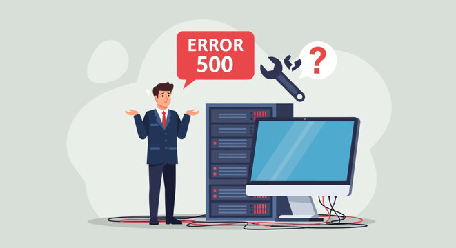 A man in a suit troubleshooting an error 500 on a computer server with a wrench and question mark