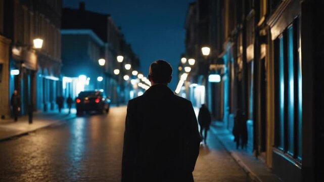 A person walking alone on a city street at night, with dimly lit buildings and few people around
