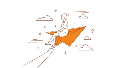 Person flying on a paper airplane surrounded by clouds and stars in a whimsical illustration © Fendi
