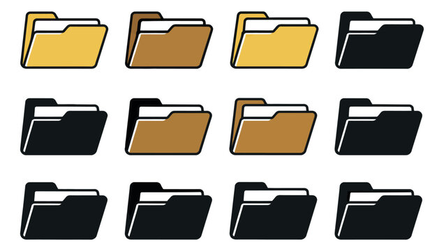 Line art folder icon set featuring open and closed file folders in various colors for business and technology designs