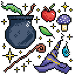 Fototapeta premium Magic or witchcrafts icon pixel art illustration set group bundle isolated on square white background.