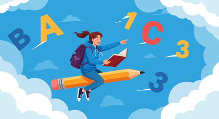 Fototapeta premium Young woman flying on a giant pencil surrounded by letters and numbers in a whimsical sky