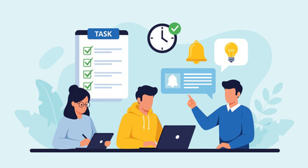 Team Collaboration and Task Management Scene with Colleagues Working Together on Laptops in a Modern Office Environment from a Slightly Elevated Viewpoint