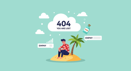 A person sitting on a sandy island surrounded by empty text boxes and a large 404 error cloud above © Fendi