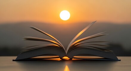 Open book silhouetted against a sunrise, creating a serene and contemplative scene