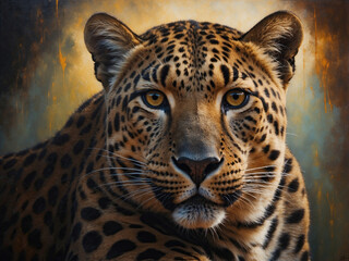 Obraz premium Elegant mixed media painting of a majestic leopard portrait, featuring dramatic lighting and rich detail