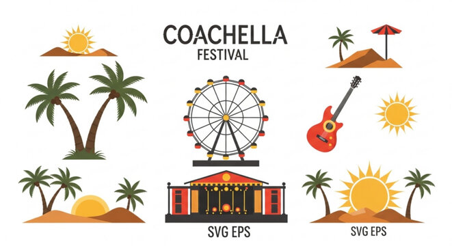 Coachella festival vector icons set with palm trees ferris wheel guitar and sun symbols