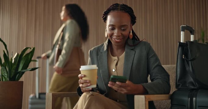 Phone, coffee and business black woman in airport for layover notice, flight schedule and contact. Communication, boarding pass and travel update with person and tech in lobby for departure lounge