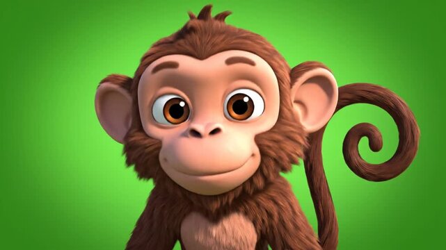 Cute 3D rendered cartoon monkey sitting and smiling on green background