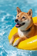Shiba Inu Relaxing on Yellow Float in Swimming Pool