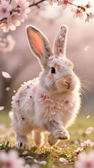 Obraz premium Fluffy rabbit surrounded by flying pink petals in a dreamy spring.