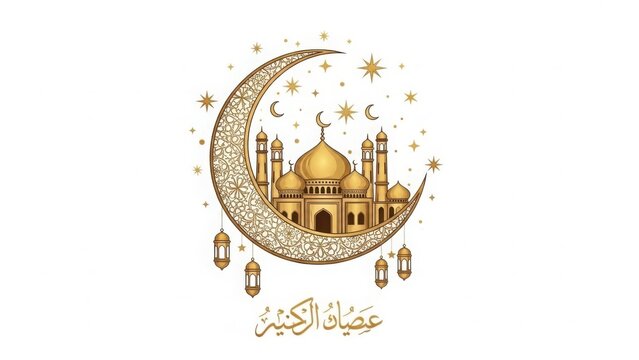 A gold mosque with a crescent moon and stars