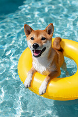 Shiba Inu Relaxing on Yellow Float in Swimming Pool