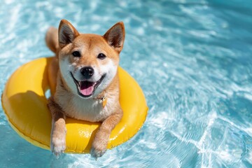 Shiba Inu Relaxing on Yellow Float in Swimming Pool