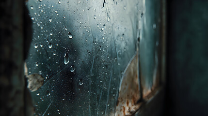 Rainy Window Pane with Water Droplets on Old Metal Surface