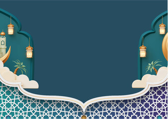 ramadhan kareem. islamic greetings ramadan kareem card design background with lanterns and crescent moon. vector illustration © Wiwit