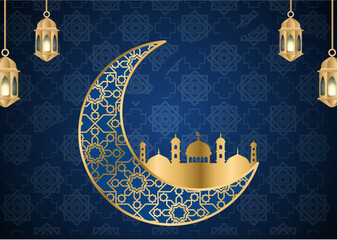 ramadhan kareem. islamic greetings ramadan kareem card design background with lanterns and crescent moon. vector illustration © Wiwit