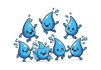 A group of cheerful blue cartoon water droplets with happy faces, arms, and legs, jumping and splashing playfully.