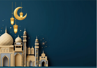 ramadhan kareem. islamic greetings ramadan kareem card design background with lanterns and crescent moon. vector illustration © Wiwit