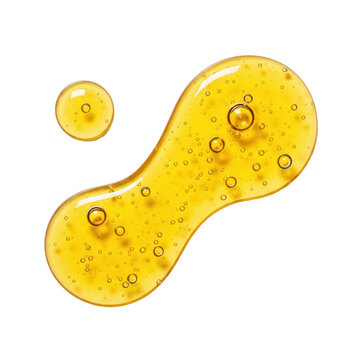 ultra-realistic macro top-down of radiant golden yellow viscous liquid, forming spherical drop and wavy spill with trapped air bubbles, isolated on white background. concept for luxury beauty product