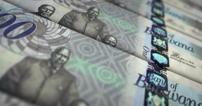 Botswana pula Botswanan money banknote loop. 100 BWP money texture. Concept of economy, business, crisis, banking, recession, debt and finance. Moving over note loopable seamless 3d.