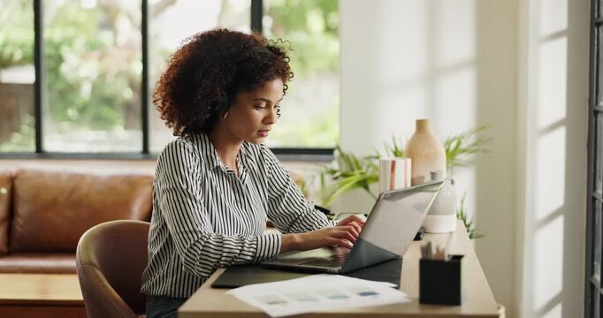 Headphones, woman or remote work with laptop in home office, market research or campaign copywriting. Edit proposal, streaming music or freelancer with action plan for brand identity, tech or typing