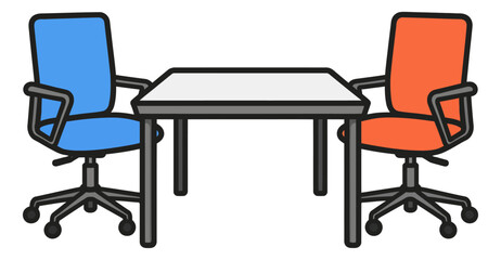 Fototapeta premium Line art office furniture set featuring a table and two chairs for business meetings