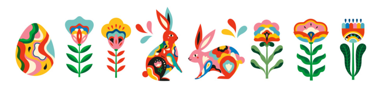 Happy Easter collection with easter bunny, easter egg and decorative flowers