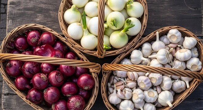 Baskets of fresh red onions, white onions, and garlic arranged on a rustic wooden table.