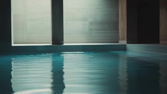 Indoor swimming pool featuring tranquil blue water with subtle ripples, reflecting the minimalist concrete walls and pillars, creating a serene and zen atmosphere for relaxation and wellness