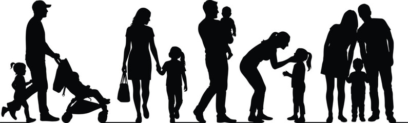 Family Silhouettes Collection with Parents and Children Walking, Holding Hands and Daily Life Activities Vector Set