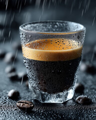 Close-up of espresso glass with water droplets