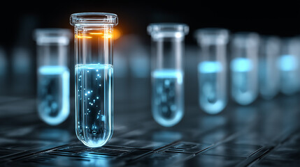 Glowing test tubes with liquid samples