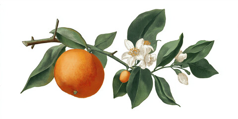 Orange fruit branch with flowers and leaves