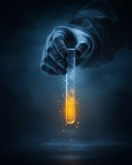 Gloved hand holding glowing test tube with sparkling liquid