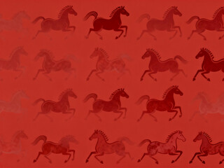 Illustration of a red seamless pattern with horse silhouettes, Chinese New Year of the Horse background with textured paper effect.