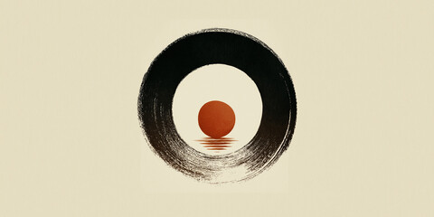 Minimalist zen circle with red sun reflection