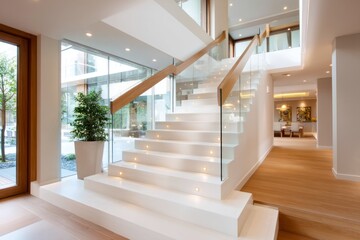 Modern Boutique Hotel Interior with Floating Staircase and Contemporary Design Elements