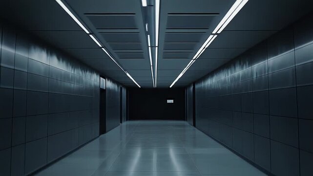 Empty futuristic corridor in a modern building featuring stark architecture, clean lines, and illuminated ceiling lights creating a deep sense of mystery and isolation