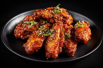 Fototapeta premium Gourmet Korean Fried Chicken Wings with Spicy Sweet Glaze, Topped with Sesame Seeds and Green Onions on a Black Plate - Asian Cuisine Appetizer