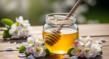 Golden natural honey dripping from a wooden dipper in a jar, surrounded by fresh spring apple blossoms on a rustic wooden table.